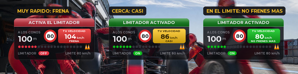 La entrada a boxes: tu velocidad en rojo, amarillo y verde
