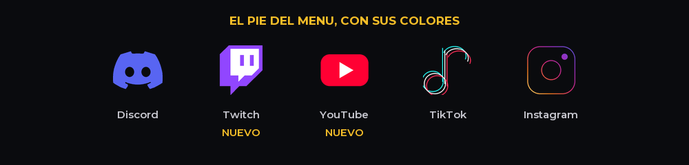 Twitch y YouTube al lado del Discord, y TikTok e Instagram a color